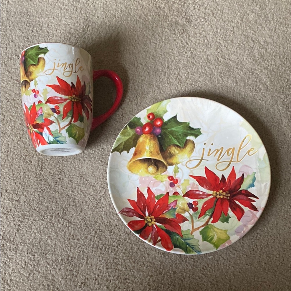 Festive Mug and Plate Set with Red Poinsettias